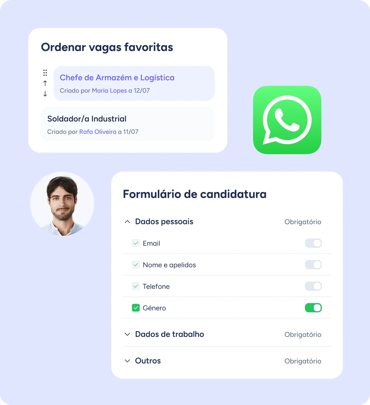 Mockup do software de recrutamento com formulário e vagas favoritas