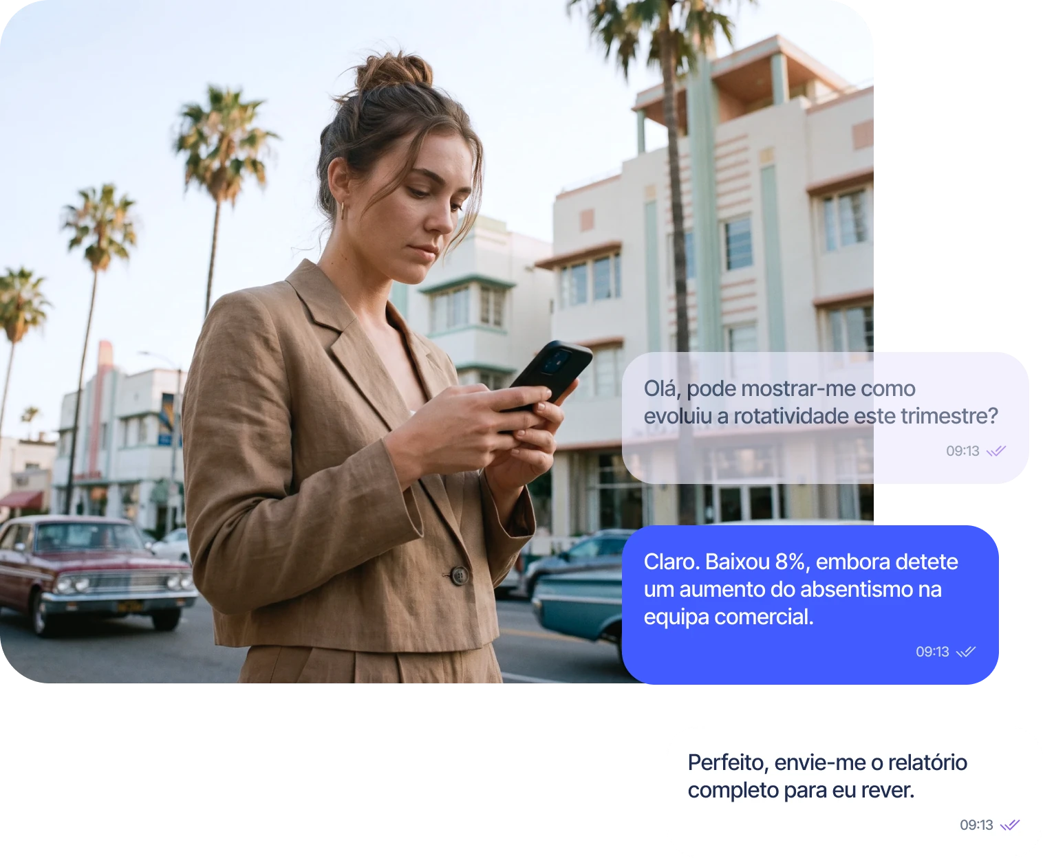 Profissional a consultar relatórios no telemóvel, com chat de IA conversacional