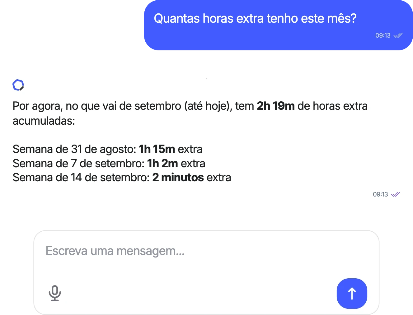 Chat da Sesame Intelligence a responder quantas horas extras tem acumuladas a pessoa