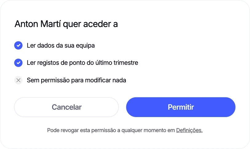 Diálogo de permissões: ler dados da equipa e registos de ponto, sem permissão para modificar nada