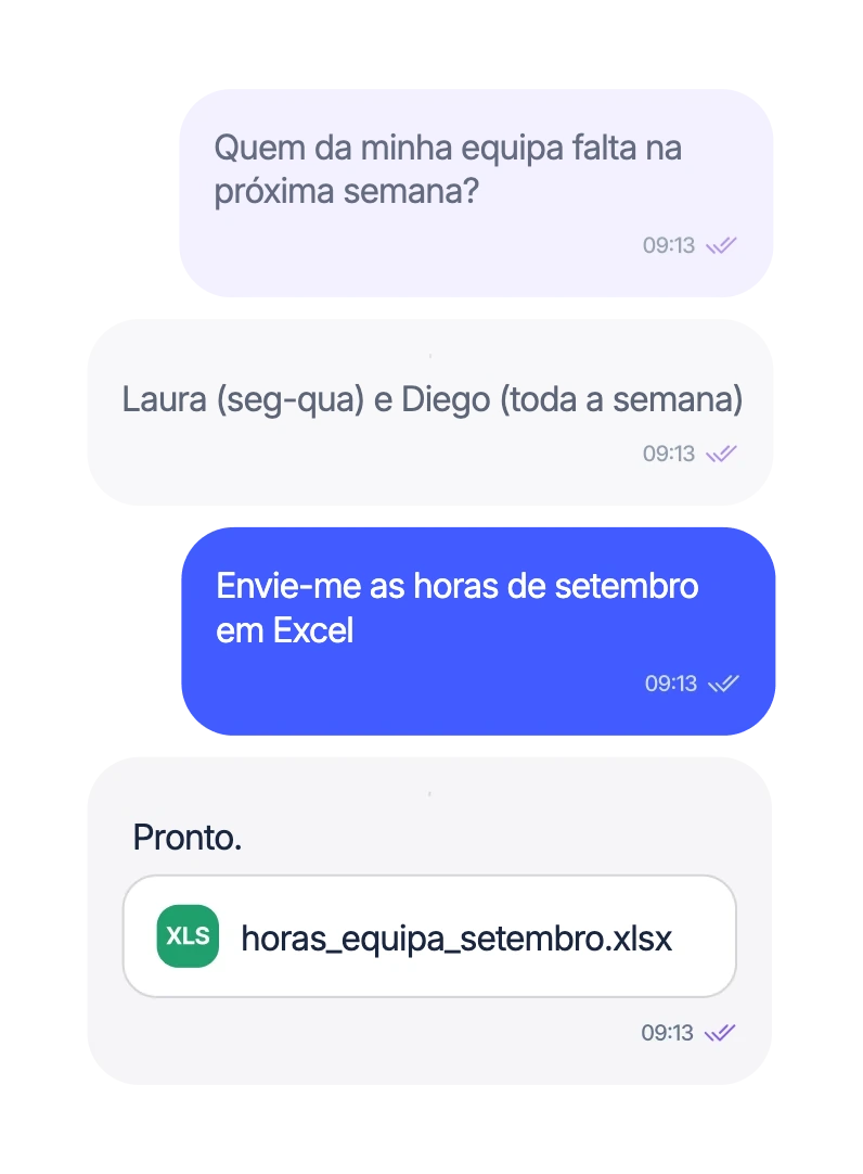 Quem da minha equipa falta na próxima semana? A Laura (seg-qua) e o Diego (toda a semana). Envie-me as horas de setembro em Excel: horas_equipa_setembro.xlsx
