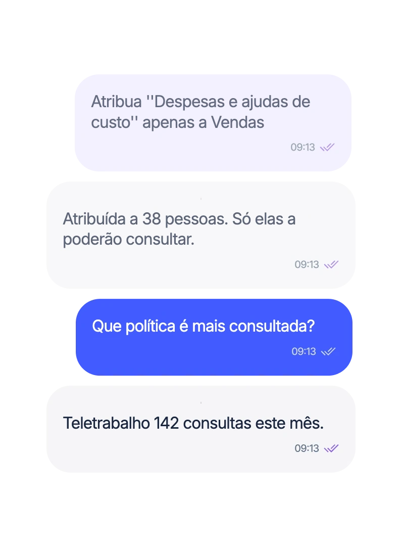 Atribua Despesas e ajudas de custo apenas a Vendas: atribuída a 38 pessoas. Que política é mais consultada? Teletrabalho: 142 consultas este mês.