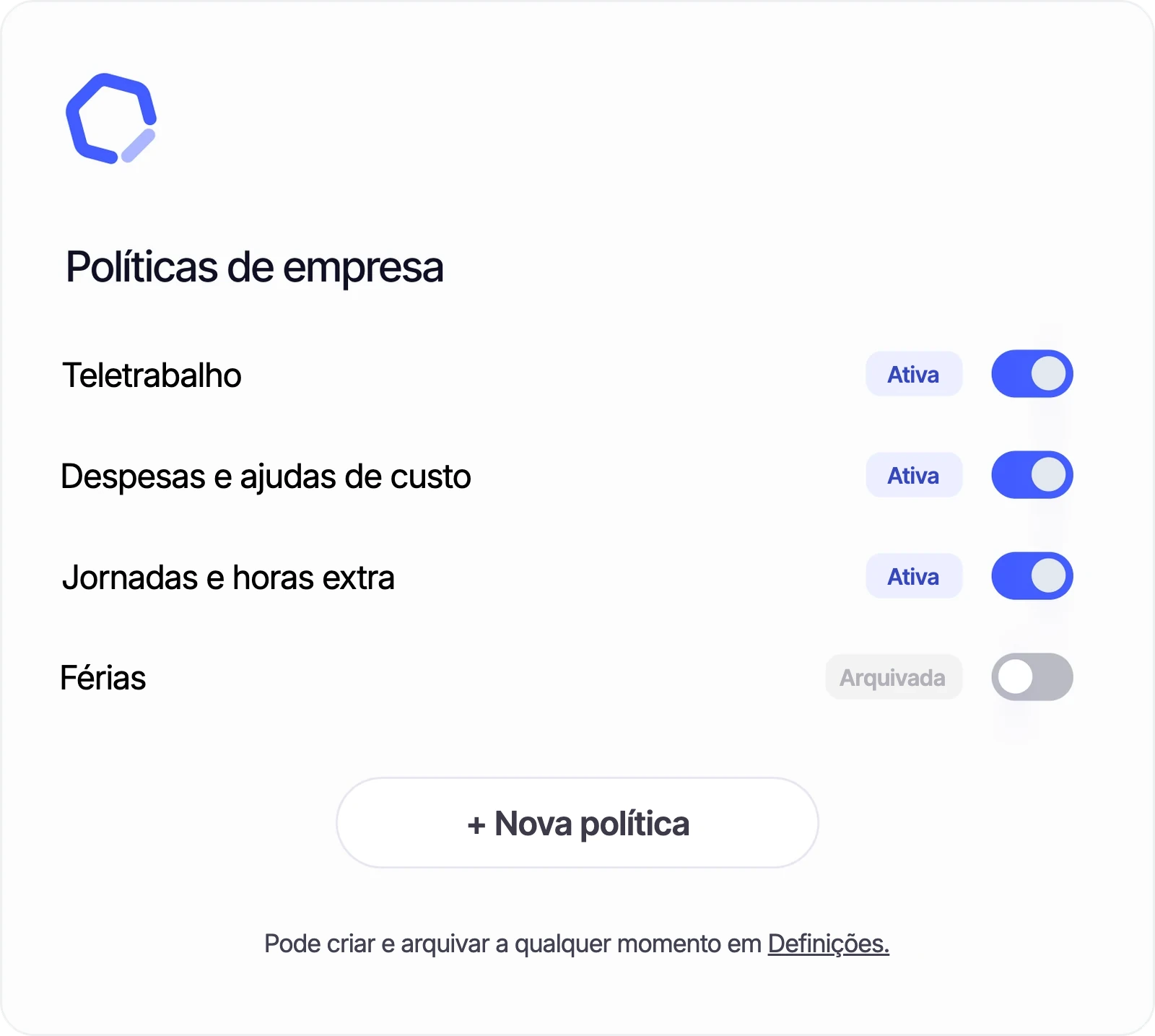 Lista de políticas da empresa na Sesame, com teletrabalho, despesas e jornadas ativas