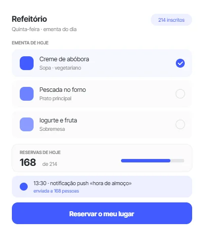 App do refeitório com a ementa do dia, as reservas e a notificação push