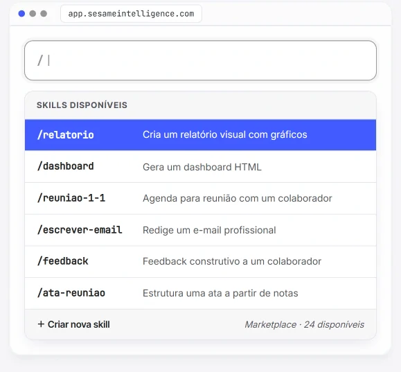 Paleta de skills de Sesame Studio com os atalhos que a equipa guarda e reutiliza