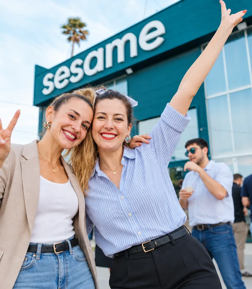 Duas colegas da Sesame HR em frente à fachada dos escritórios