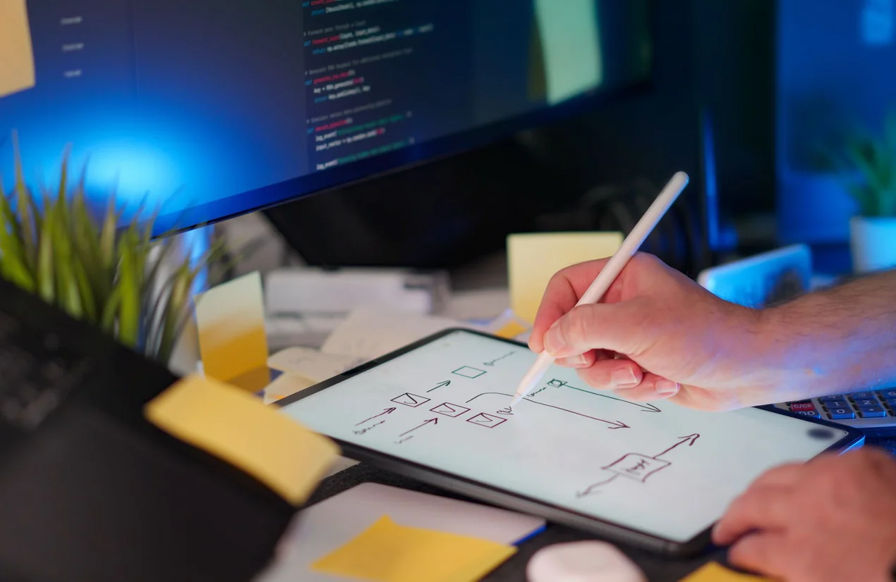 Esboço de uma interface num tablet com código ao fundo